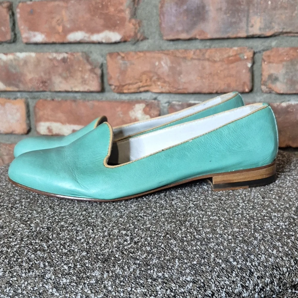 Italian Turquoise Leather Smoking Flats EU 37 Artisan Loafers Coastal Chic - Picture 2 of 13